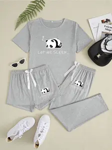 Women's Cartoon Panda Print Pajama Set, 3 Piece Sleepwear Collection, Comfortable & Stylish Fitted Nightwear for Ladies, Casual Home Wear