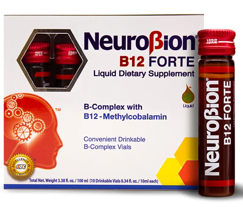 NeuroBion B12 Forte - 10 Vials Liquid Supplement with Vitamin B12 & B6 for Adults US Made Multivitamin Formula