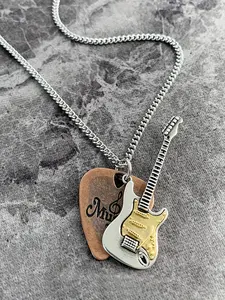 Vintage Guitar & Pick Pendant Necklace Unisex Punk Rock Style Alloy, Daily Wear Jewelry Gift for Men and Women Music Lovers