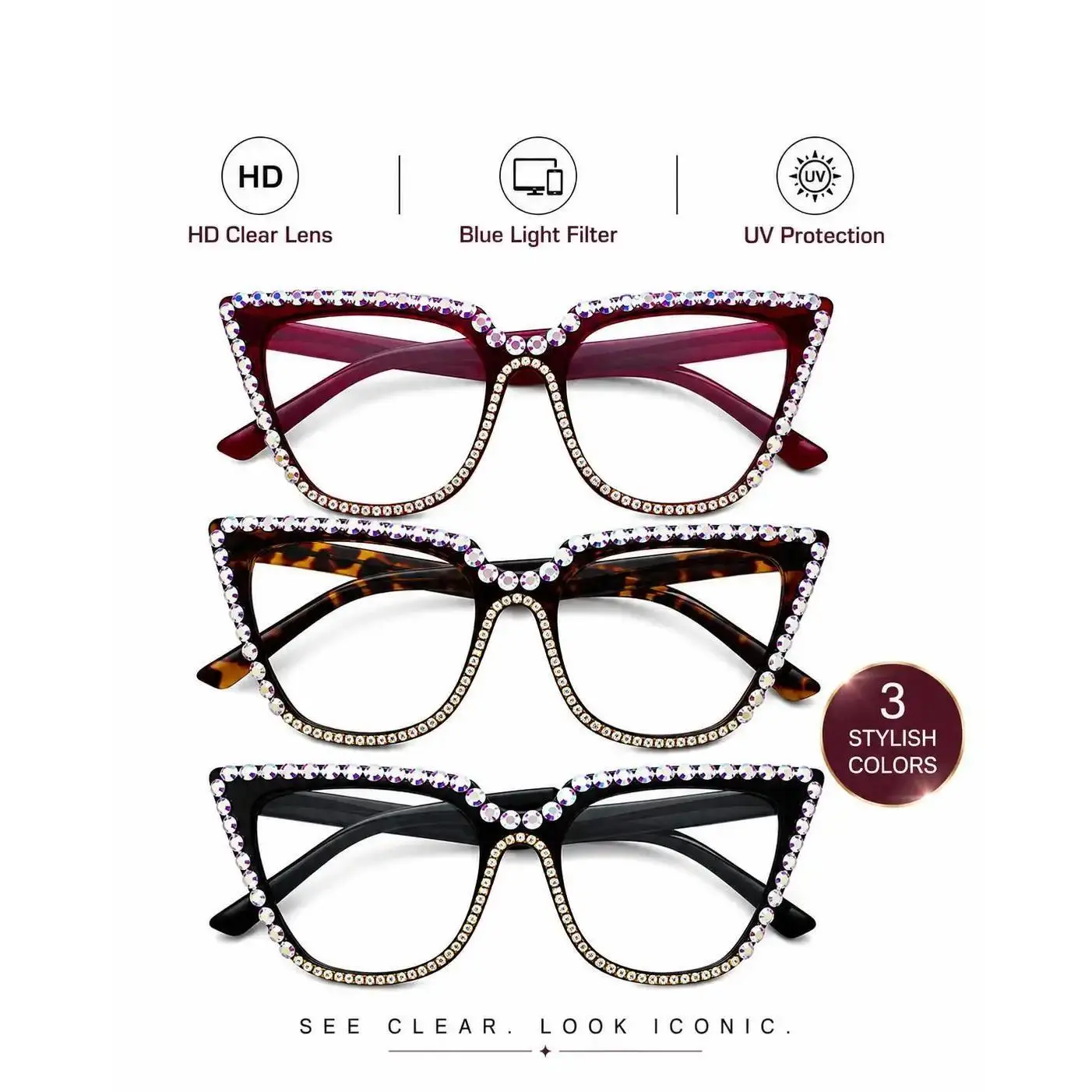 Rhinestone Cat Eye Blue Light Blocking Reading Glasses for Women, HD Clear Lens Readers with UV Filtering, Lightweight Fashion Frames, Free Anti-Lost Lanyard