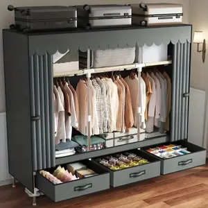 Sturdy Steel Frame Wardrobe with 3 Hanging Rods and 3 Drawers for Renters and Small Spaces