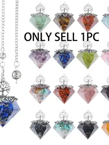 Natural Crystal Spirit Pendulum Pendant Necklace, Vintage Resin Glue Seven Color Original Stone Rhombus Adjustable Frequency Life Tree Spirit Pendulum