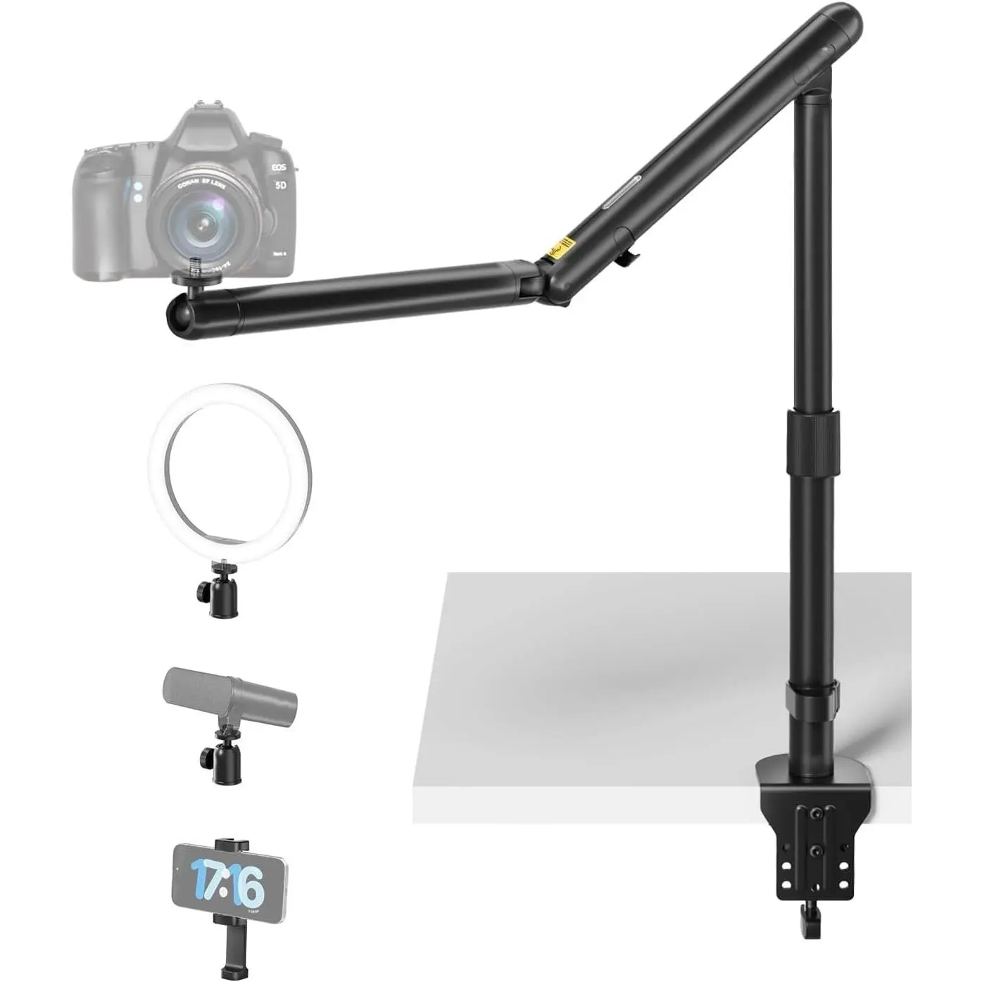 Overhead Camera Mount, Overhead Phone Stand, Flexible  Alloy Spring Arm with 360? Ball ,1/4"&3/8" Interface for DSLR Camera/Rrojector/Microphone/Ring Light/Webcam/Phone