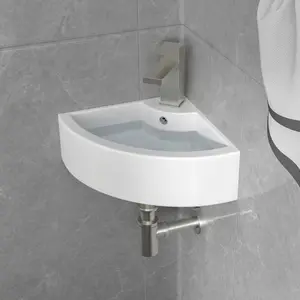 Logmey 18"X13" Corner Wall Mounted Bathroom Sink White Floating Triangle Lavatory Sink for Small Spaces