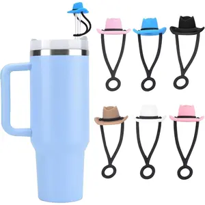 6 Pack Silicone Cowboy Hat Straw Covers Cap Compatible with Stanley Cup 30 40 oz,Cute Straw Toppers for 0.35-0.39 inch Staw Stanley Cup Accessories for Men Women Christmas Gift