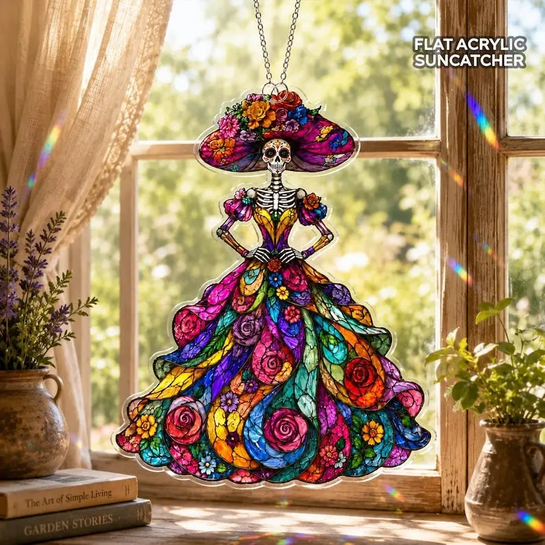 Day of the Dead Acrylic Suncatcher, Catrina Tiffany Glass Style Window Hanging, Floral Skeleton Decor, Gothic Halloween Gift