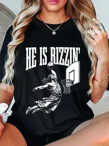 100% Cotton Unisex He Is Rizzin Funny Jesus Basketball Meme T-Shirt Christ Christian Tops Casual Top