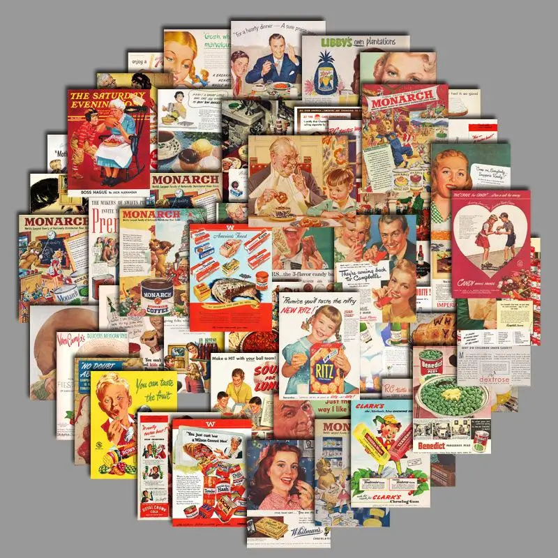 50pcs/Pack Vintage Poster Pattern Decorative Sticker, Waterproof Sticker For DIY Scrapbook Water Bottle Decoration