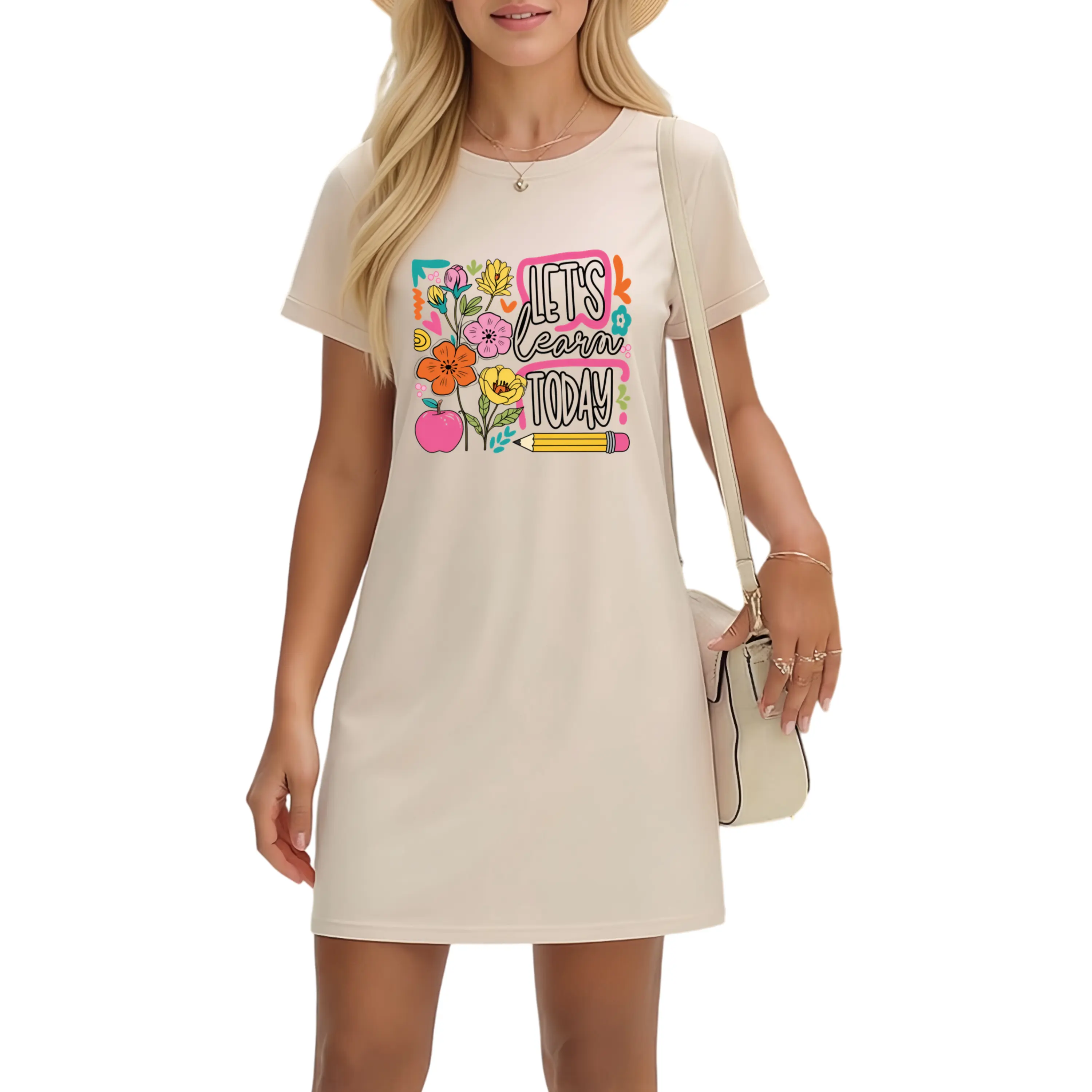 Adorable Teacher's T-Shirt Dress with Floral Graphics – Perfect for Back to School Learning Days Casual Fabric