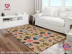 [NEW ARRIVALS] Gaming Rug, Video Game Decor, Tan Video Game Rug, 80s Arcade Rug, Video Game Geek Decor, 90s Arcade Carpet, College Dorm Decor, Gamer Gift