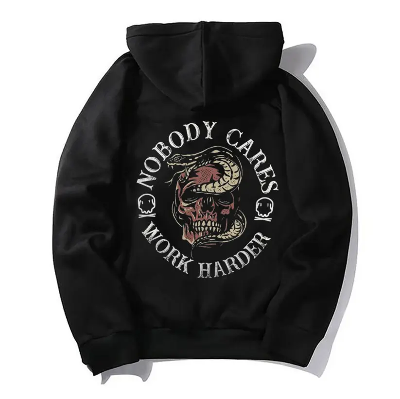 Men's Soft Long Sleeve Pullover Hoodie - "Nobody Cares, Work Harder" Snake Wraps Skull Print Black Sports Sweatshirt Tops, Sweatshirts, Menswear, Streetwear