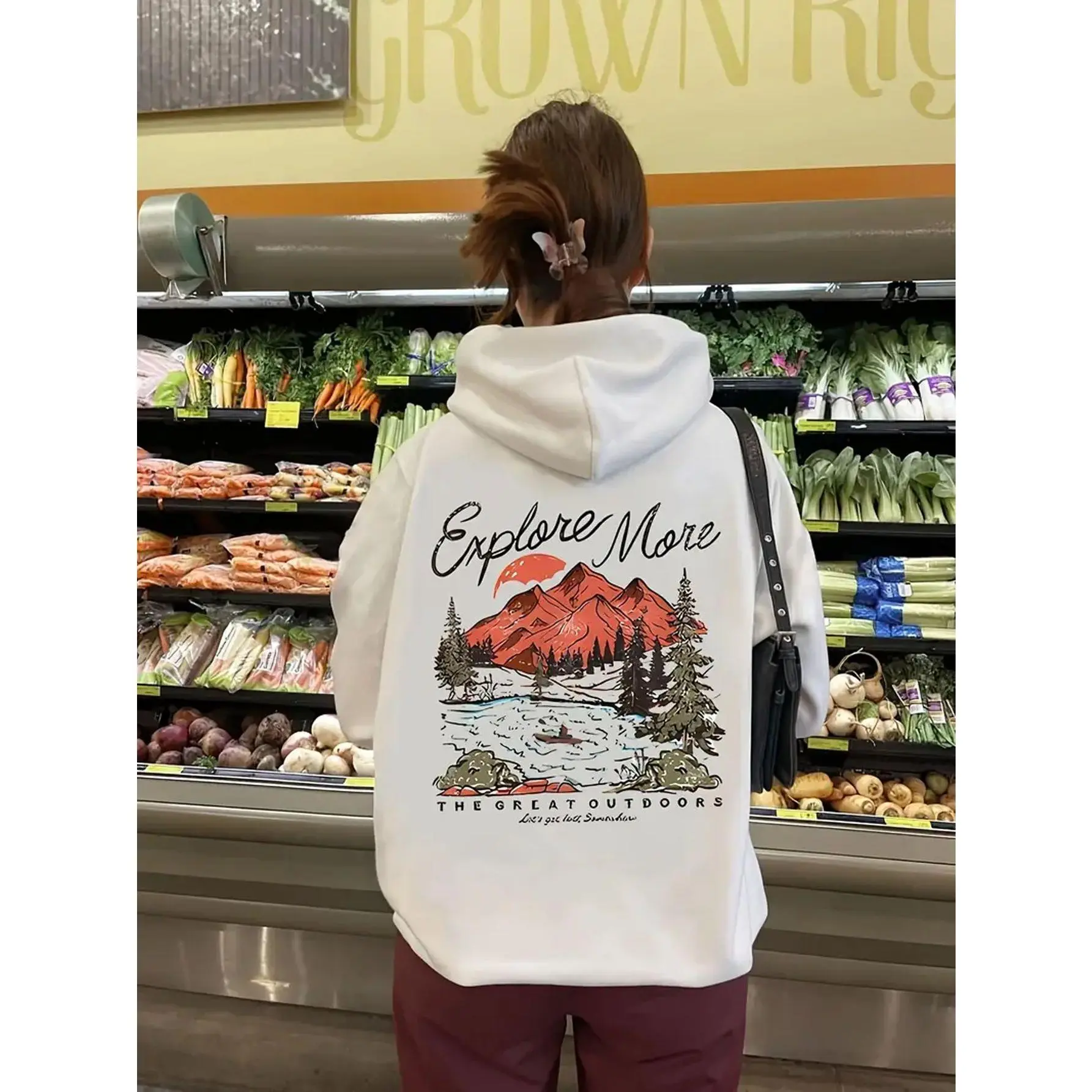 Women's Plus Size Cozy Graphic Hoodie with "Explore More" Print - All Seasons Wear – Mountain & Forest Design, Soft and Warm Polyester Fabric, Machine Washable SD7