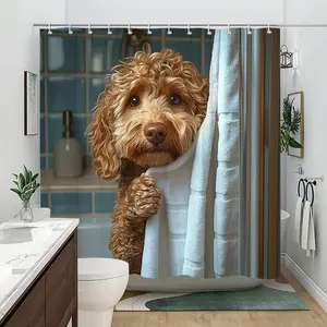 1/3/4pcs Adorable Poodle Puppy Peeking Over Bath Towel Digital Shower Curtain set Cute and Cozy Bathroom Decor with Realistic Dog Design Perfect Moving Gift Bathroom Decor and Accessories