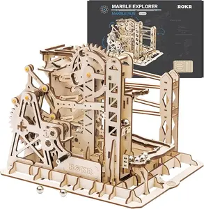 ROKR Lift Coaster Wooden Model, 3D Assembly Wooden Puzzle Brain Teaser Game Mechanical Gears Set Model Kit Marble Run Set