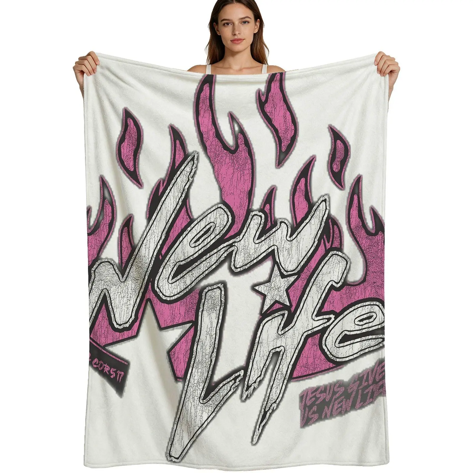 Trendy Graffiti Style, Warm Flannel Blanket, New Life Jesus Gives Us New Life Pink Flame Design, Soft Brushed Fabric With Vibrant Print, Youth Christian Gift For Bedroom Or Church Events, 4 Sizes Available Single Pack