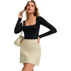 Women's Sexy Square Neck Bodysuit Long Sleeve Double Lined Shirt Tops Womenswear Underwear