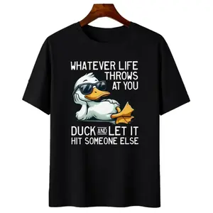 Crew Neck Cotton Polyester Duck Graphic T-Shirt,  "Whatever life throwsat you Duck and let it hit someone else" Sarcastic Life Slogan Tee, y2k Fashion Casual Streetwear Humor Shirt, Comfortable & Breathable Material, Everyday Outfit, Gifts, SuperYi