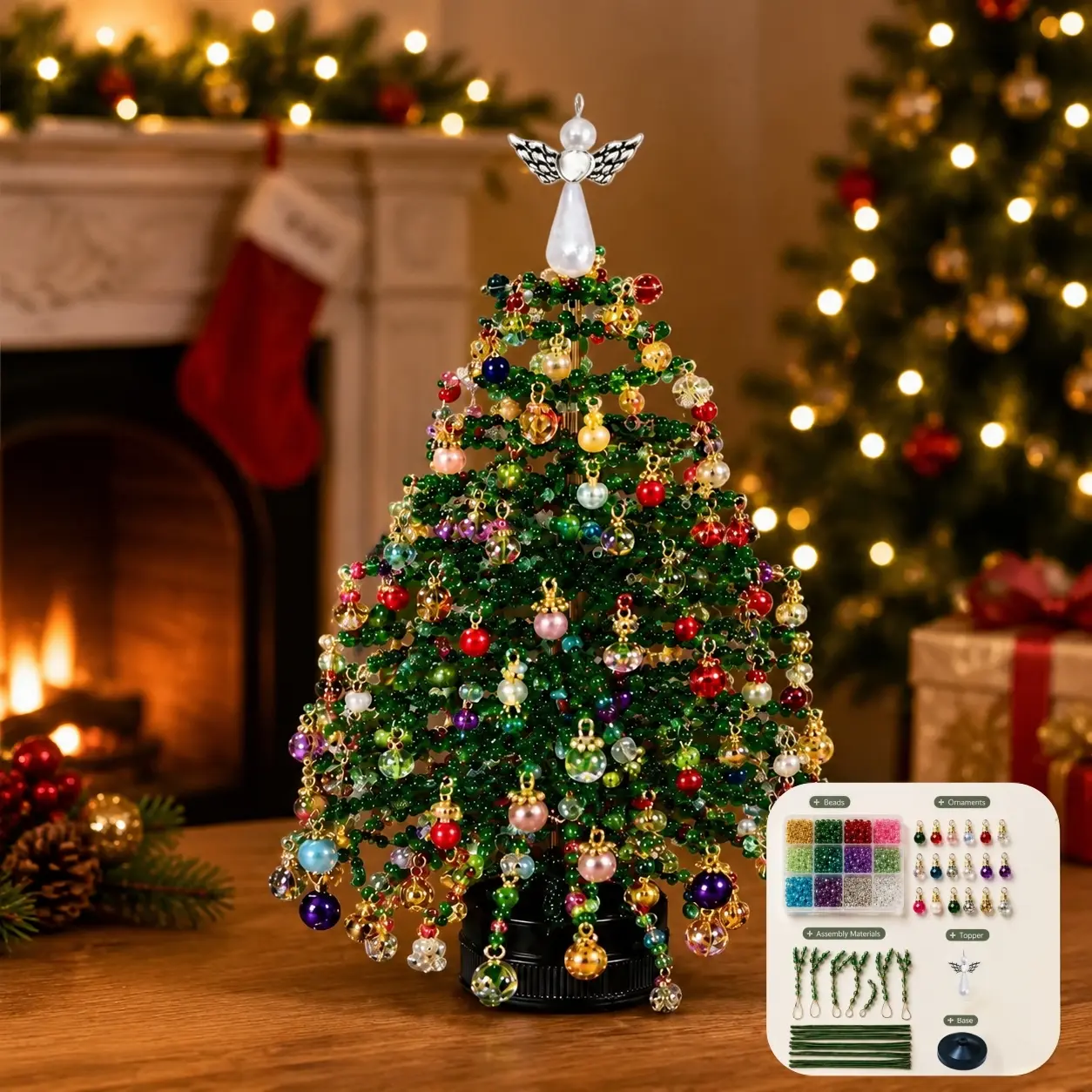 DIY Beaded Christmas Tree Kit, Mini Crystal Bead Christmas Tree Craft Set for Christmas Decor, Contains Beads, Tree Topper Angel, Base & Accessories, Tabletop Holiday Ornament, Fun DIY Project, Ideal Christmas Gift for Kids & Family