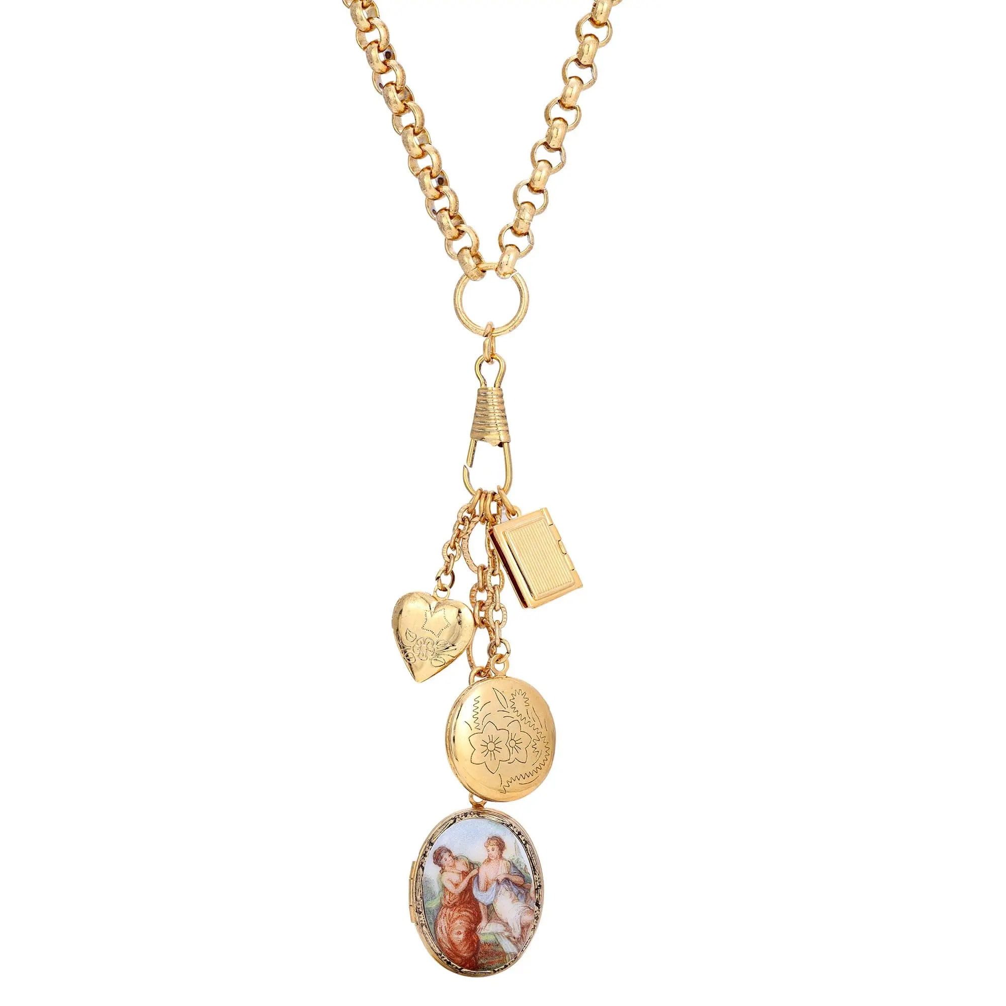1928 Jewelry Victorian-Inspired Locket Necklace for Women, 28in 14K Gold-Dipped Chain, Set of Four Lockets - Victorian Art Front, Large Photo Locket, Book (holds 3), Round & Puffed Heart Lockets