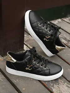 Women's Quilted Lace-Up Sneakers Trainer, Casual Sports Shoes with Metallic Accents for Everyday Street Style