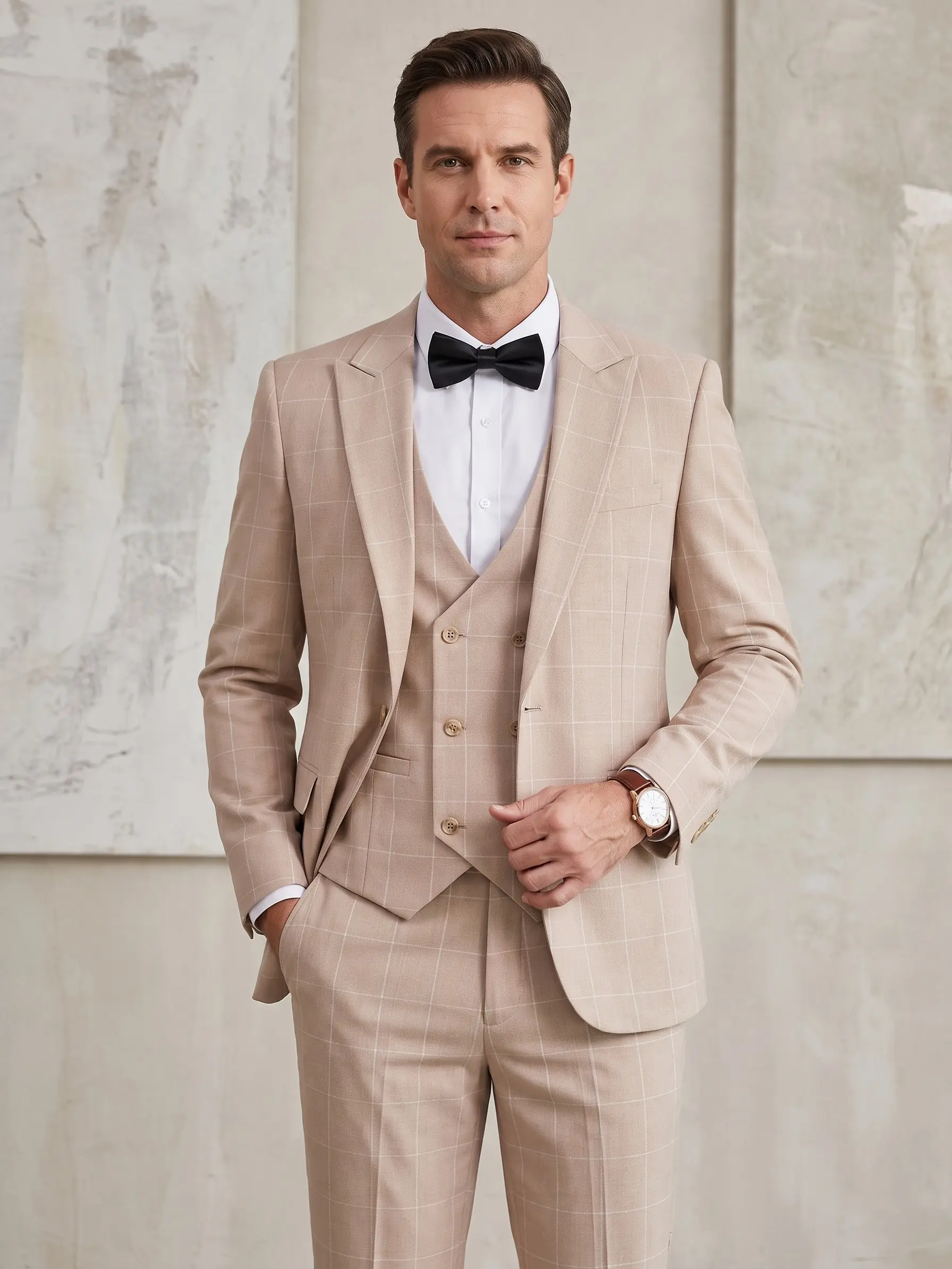 Men's 3-Piece Double-Breasted Suit Set with Vest, Long-Sleeve Plaid Burgundy Fabric, V-Neck Formal Wear for Business & Groom Occasions, Matching, Business Suit Pants, Chic, Button, Retro, Menswear, Plaid Pattern, Matching Pieces