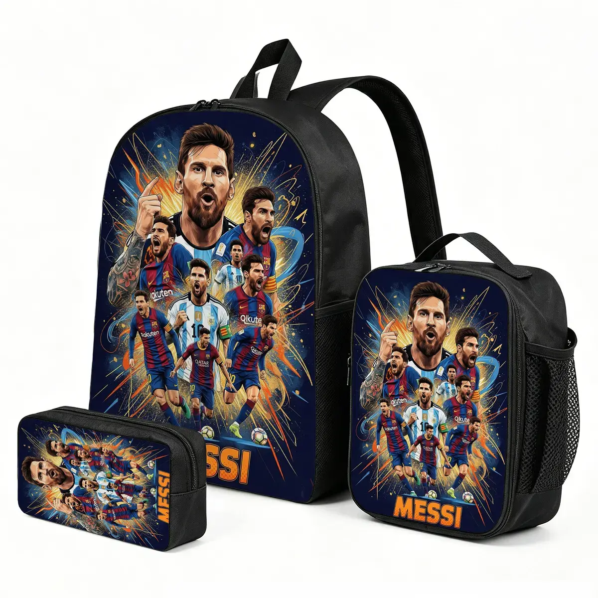 Messi Trending Cartoon Print Backpack 3-Piece Set | Cute Bookbag for Boys Girls| Kids Lunch Box and Pen Pouch Combo Gift