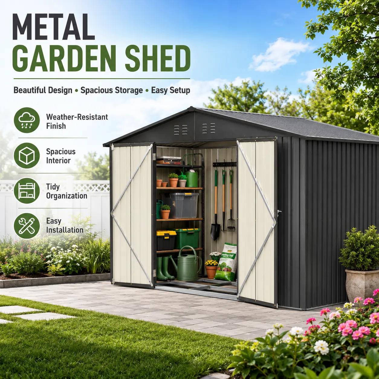 Modern 10x8 FT Steel Garden Shed, All Seasons Outdoor Storage for Backyard Patio, Tool Organizer with Lockable Doors, Black, Garden Storage Sheds, Steel Garden Sheds