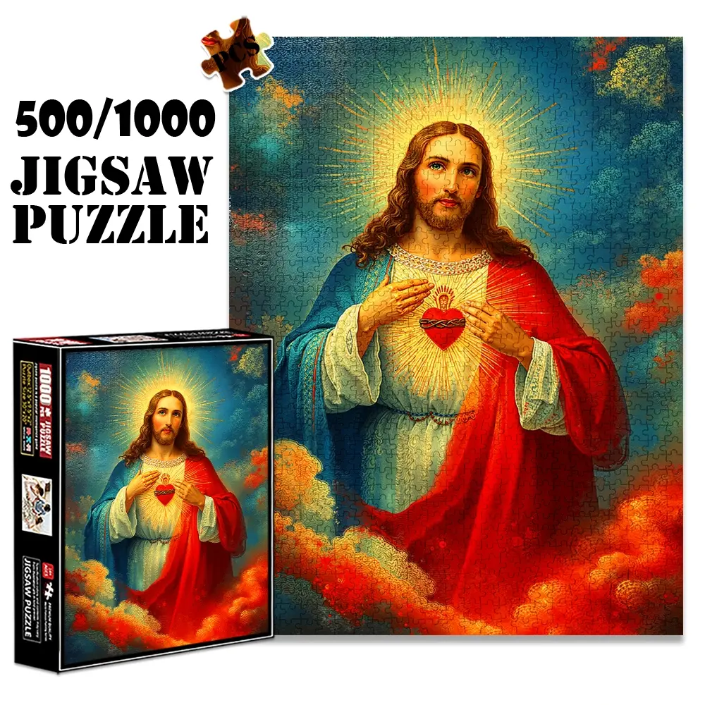 1pc 1000 piece adult puzzle 70x50cm Sacred Heart of Jesus Painting with Radiant Heart and Cloudy Background 500 pieces of paper jigsaw puzzle, suitable for adults and families, large-scale DIY puzz