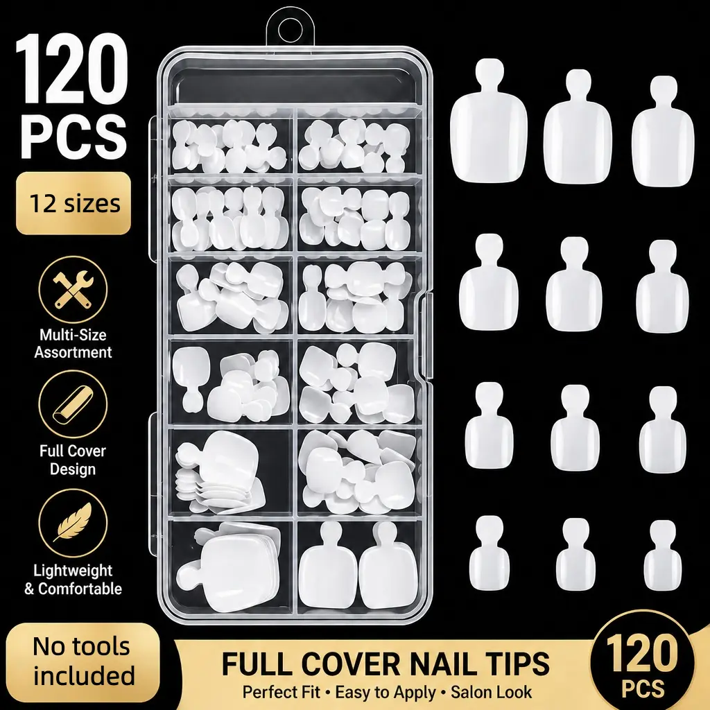 Glossy Short Square White Full Cover ABS Toe Press On Nails, 120Pcs 6-Size Natural Solid Nail Supplies for Easy DIY Use, Daily Life & Beach Trips, No Tools Included