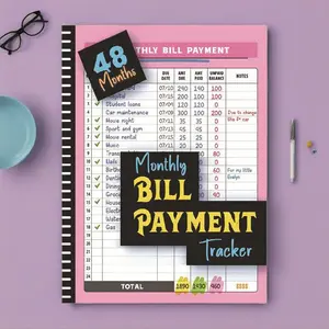 48-Month Bill Tracking Planner Notebook, Pink Cover with Black Accents, Financial Management Office Organizer & Expense Log, Budgeting Calendar Office Stationery