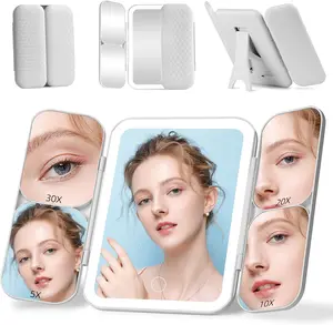 Tri-fold Mirror with Light,1X/5X/10X/20X/30X Makeup Magnifying Mirror with Lights,Travel Makeup Mirror with Foldable Stand,Dimmable in 3 Colors,