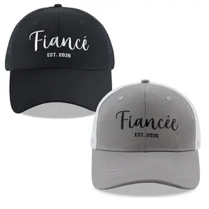 2PCS Fiance Fiancee Est 2026 Trucker Hats For Men Women, Adjustable Cotton Embroidered Mesh Snapback Bride Groom Baseball Cap