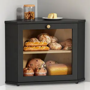 Corner Bread Box for Kitchen Countertop, Black Bread Storage Container for Homemade Bread, Two Layer Breadbox under Cabinet Mount, Large Bread Holder for Kitchen Counter, Panry Shelf