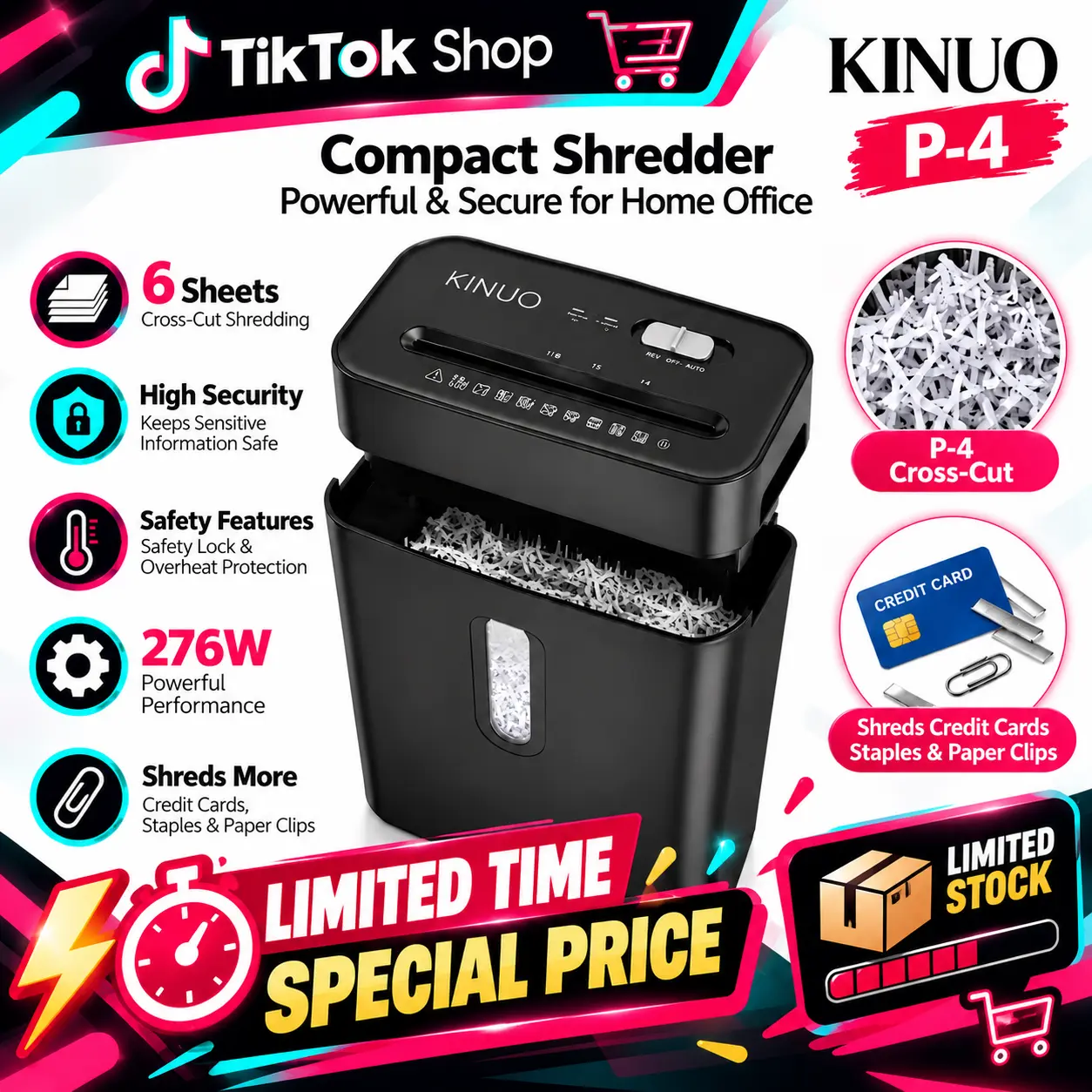 KINUO P-4 High Security Crosscut Paper Shredder for Home Office - 6-Sheet Heavy Duty Model with Safety Lock, Overheat Protection, Credit Card, Staple & Paper Clip Shredding Capability to Shred Securely