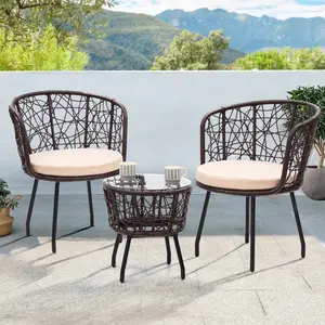 Boho 3 Piece Bistro Set, Modern Outdoor Wicker Patio Furniture with Tempered Glass Table Top and 2 Chairs, Washable Cushions, Brown Rattan and Begie Cushion