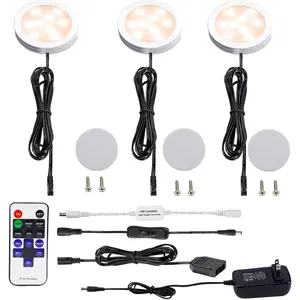 Dimmable LED Under Cabinet Puck Lights 3 Lamps Kit with RF Remote Control for  Kitchen Counter Lighting (Warm White 2700K)