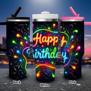 1 pc 40 oz neon celebration tumbler with colorful birthday design, lid, and straw; winter insulated travel mug; gift for women and men; ideal for Valentine’s Day, Easter, and birthdays; suitable as an iced or hot coffee cup