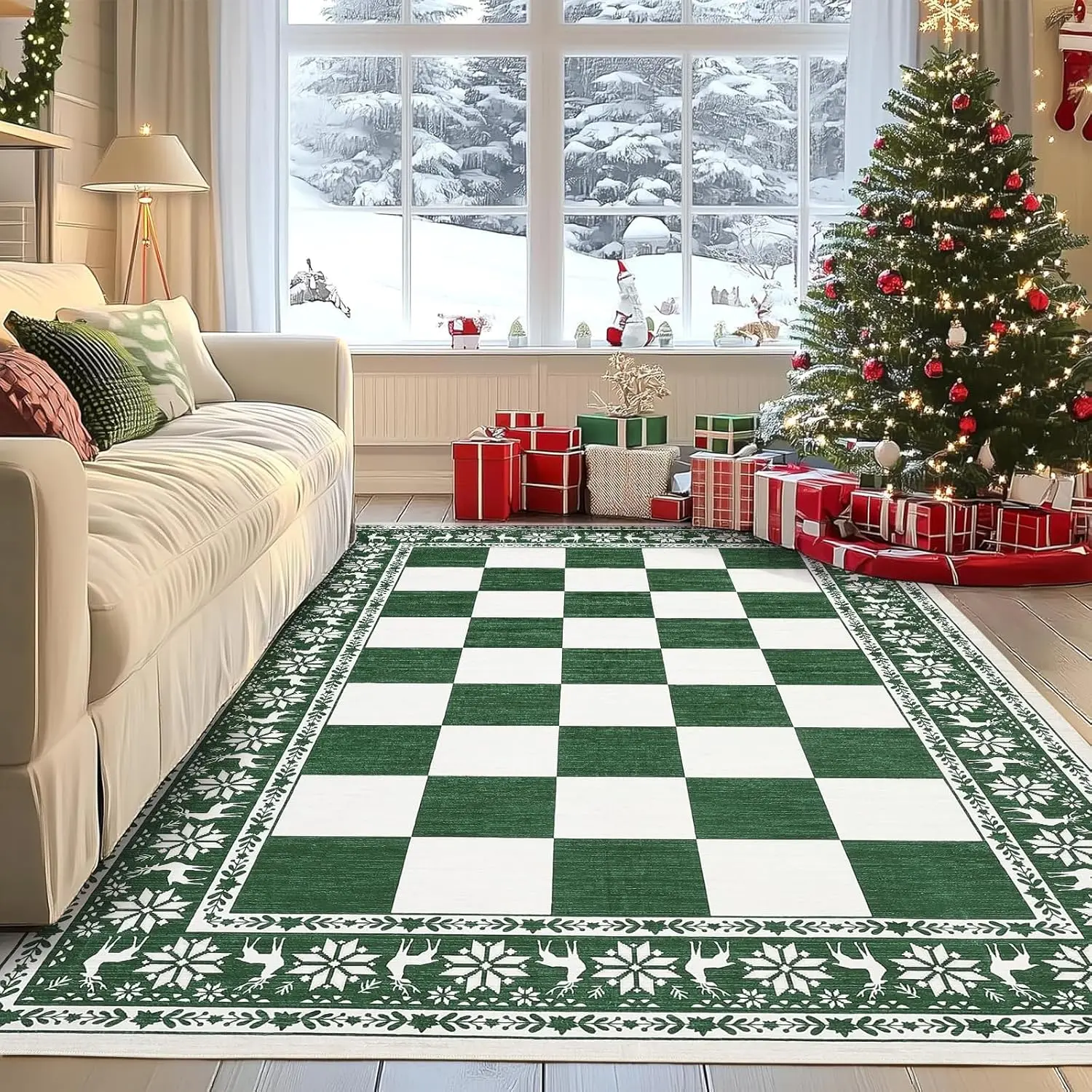 【Christmas Gift】5x7 Area Rugs for Living Room, Checkered Christmas Rugs for Holiday Decor, Non Slip Low Pile Washable Rug for Dining Room, Bedroom, Green