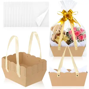 Fuyoooo 8 Sets Baskets for Gifts Empty Sturdy Kraft 10x9'' Scalloped Edge Thick Kraft Baskets with Handles 16 Tissue Paper Boxes Mother's Day Wedding Bache