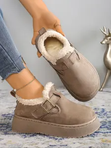 Women's Fashionable Fleece Lined Thick Sole Shoes, Textile Upper, Round Toe, Anti-Slip Rubber Sole, Winter Casual Style, Winter Warm Shoes