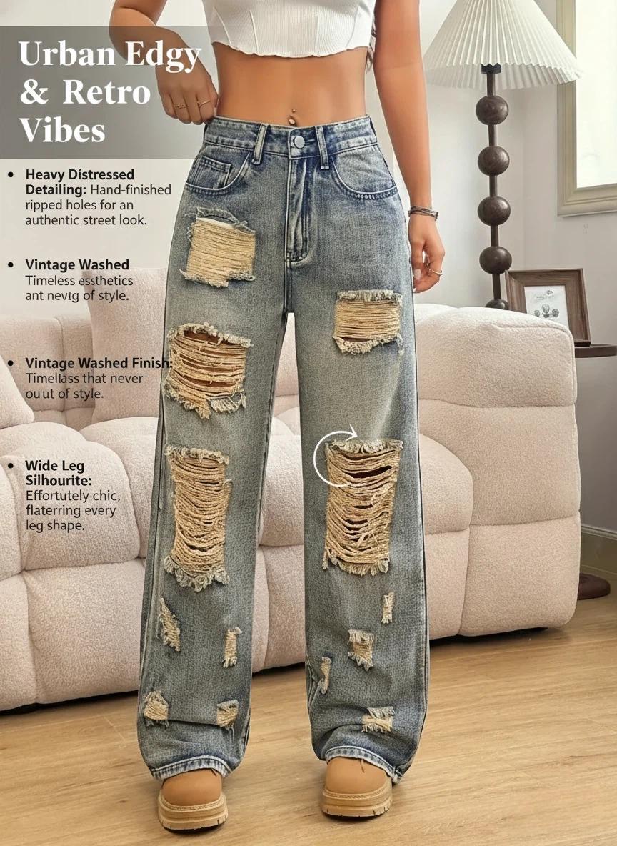 Jeavia Women's Plus Size Distressed Wide Leg Jeans - High Waisted