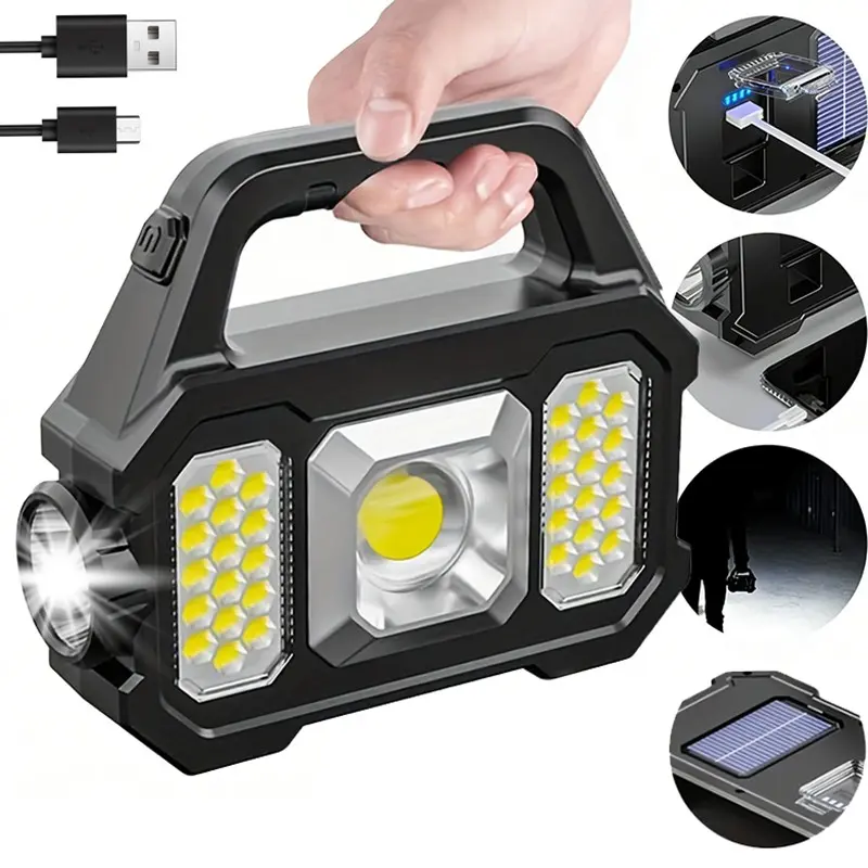 1PC Solar Handheld Flashlight, Rechargeable Solar Flashlight, Solar or USB Charging Handheld Flashlights, Solar Torch Lights, Waterproof Portable Solar Flashlights with 6 Modes for Fishing Outdoor Camping Power Outage Emergencies