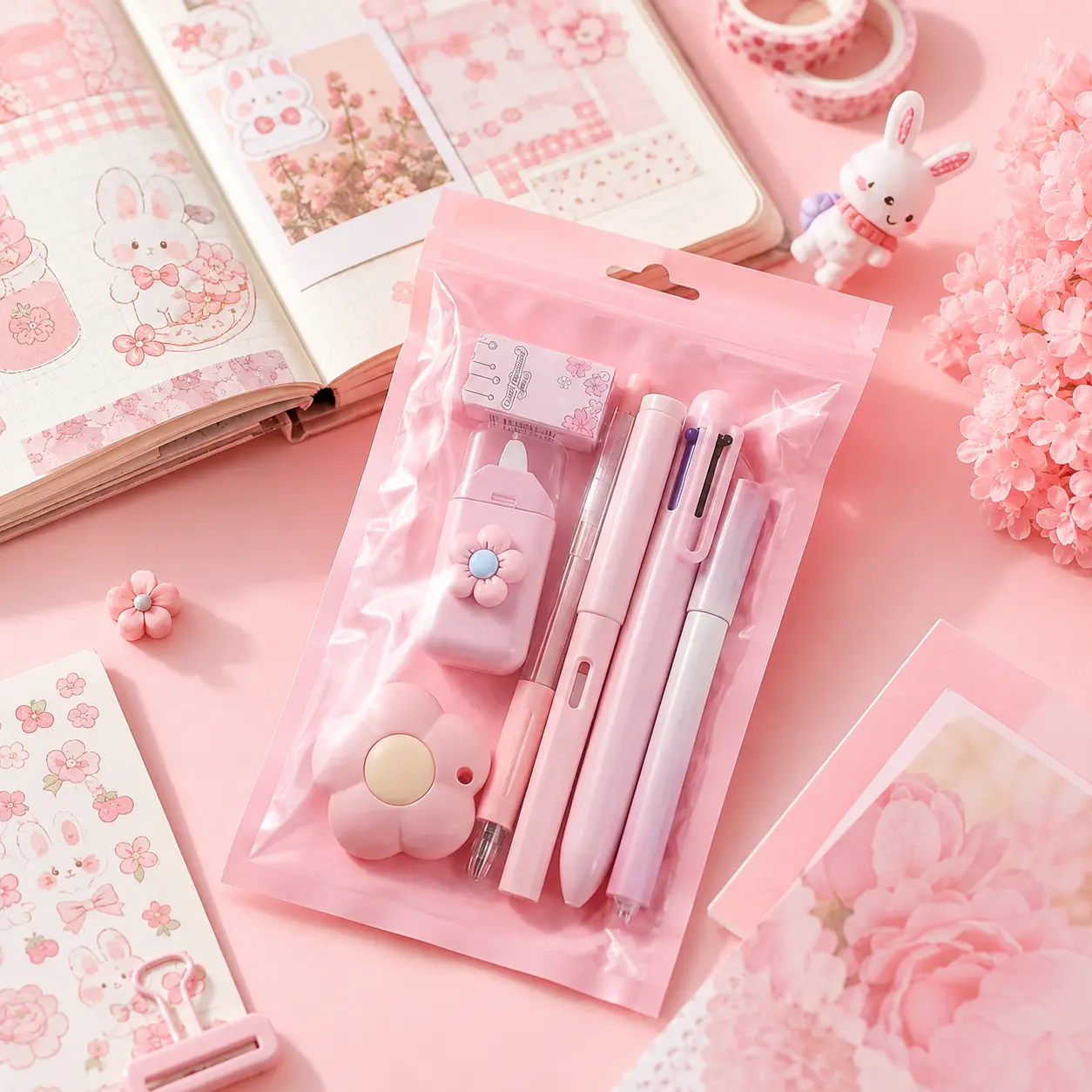 Kawaii Stationery Set for School and Office, 7 Piece Cute Writing Supplies Kit with Pens, Pencil, Eraser and Desk Accessories, Aesthetic School Supplies for Students, Journaling, Planners, Homeschool and Gift
