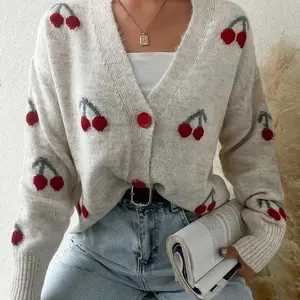 Women's Cherry Print Button Front Cable Knit Cardigan, Elegant Drop Shoulder Long Sleeve V Neck Cardigan, Women's Knitwear for Fall & Winter（6131）