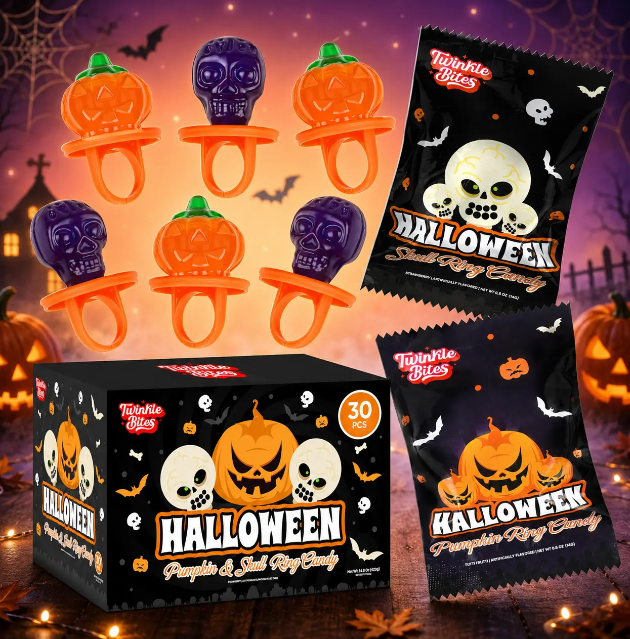 Halloween Ring Candy 30 Pack, Individually Wrapped Pumpkin & Skull Lollipops, Strawberry Tutti Frutti Treats