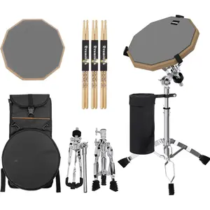 Drum Practice Pad with Snare Drum Stand Set, 12-Inch Double Sided Silent Practice Pad Kit with Drum Sticks, Drumstick Holder, Luminous Carrying Bag, Gray (Fits 8''-15'' Drums)