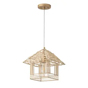 1-Light Primary Color House Shape Lampshade Openwork Design Pendant Lighting