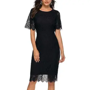 MEROKEETY Women's Short Sleeve Lace Floral Cocktail Dress Crew Neck Knee Length for Party