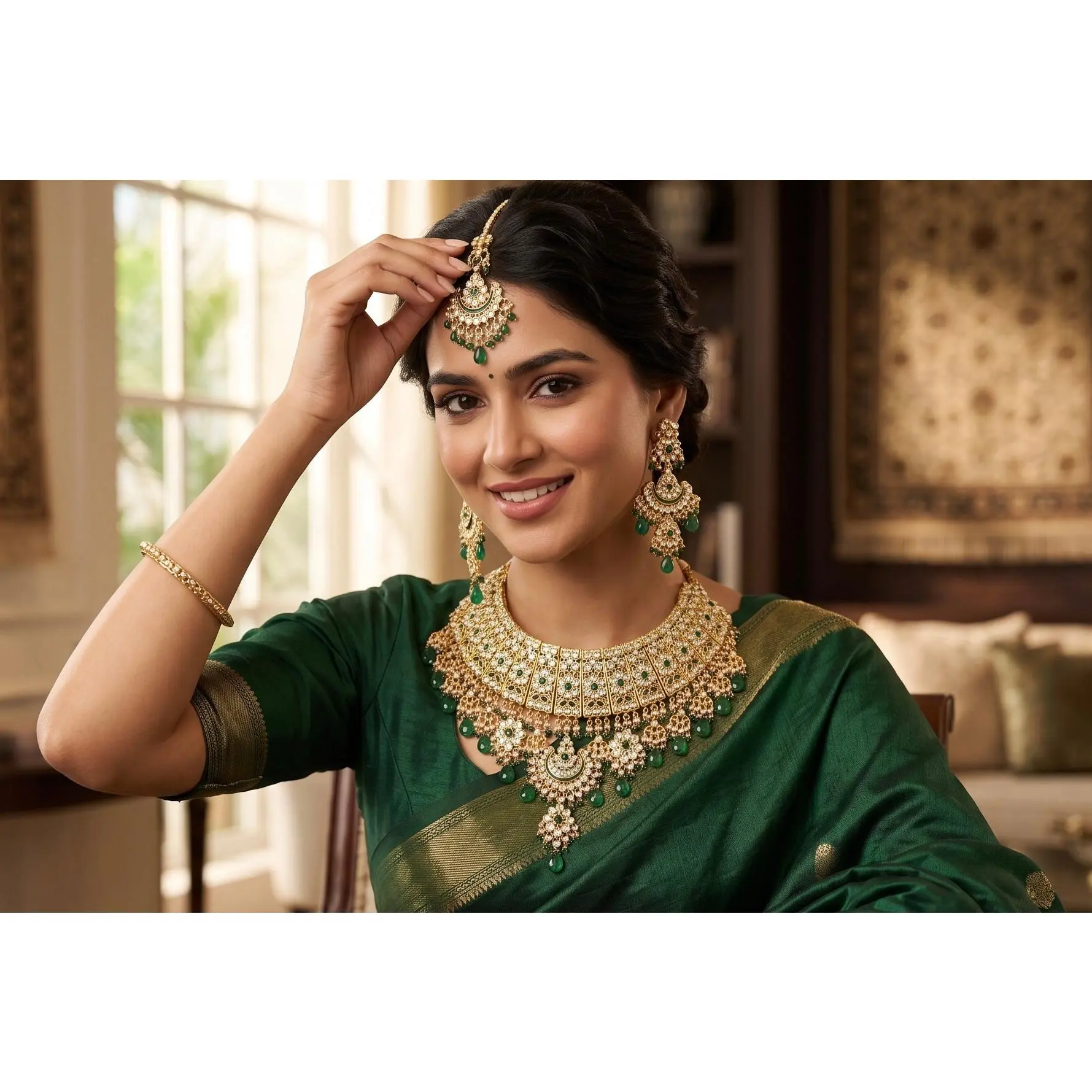 Emerald Green Kundan Bridal Jewelry Set – Gold Tone Indian Pakistani Afghan Wedding Necklace Set with Earrings & Maang Tikka | Jewelry Gift Box Included 7016