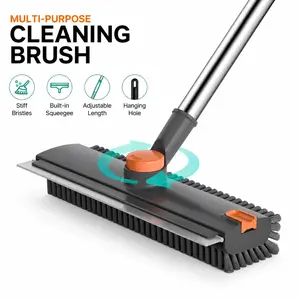 3-in-1 Scraper Brooms - Long-Handled Adjustable Brooms with 180° Rotating Stiff Bristles, Smooth Silicone Squeegee, Foldable Handle for Tile, Bathtub, Glass, Home Cleaning Supplies